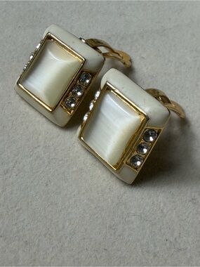 Gold-Tone White Mother-of-Pearl Square Clip-On Earrings with Clear Crystals